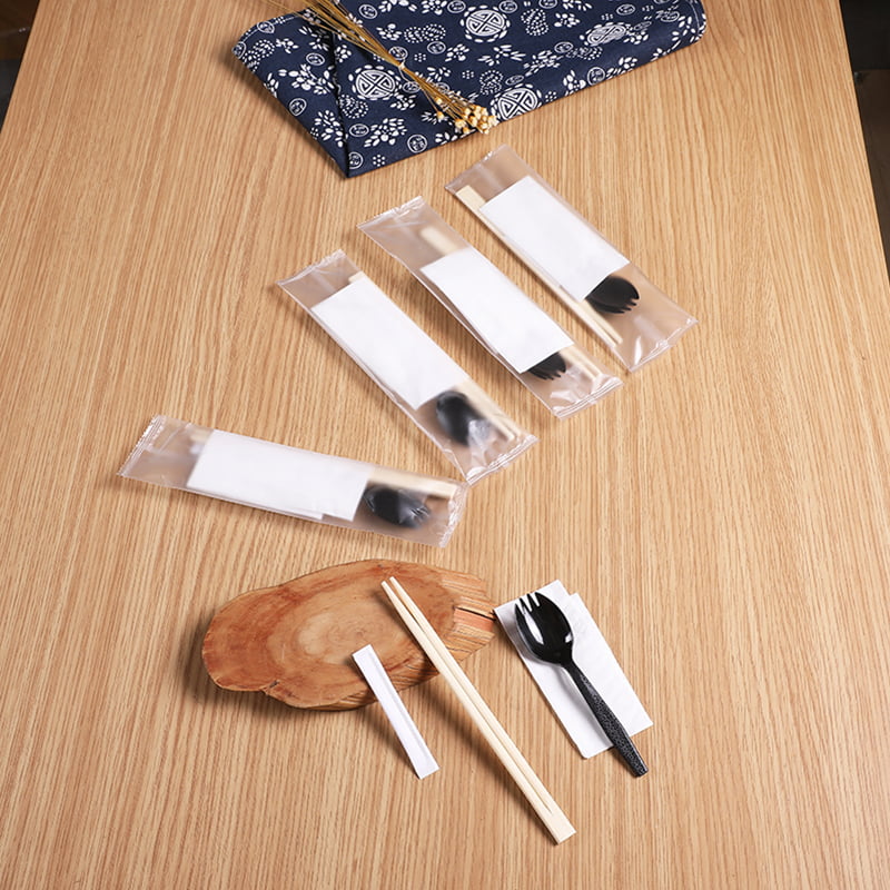 PROMPTU Bamboo Chopsticks 4pcs pone Spork Serviette Frosted composita film Set