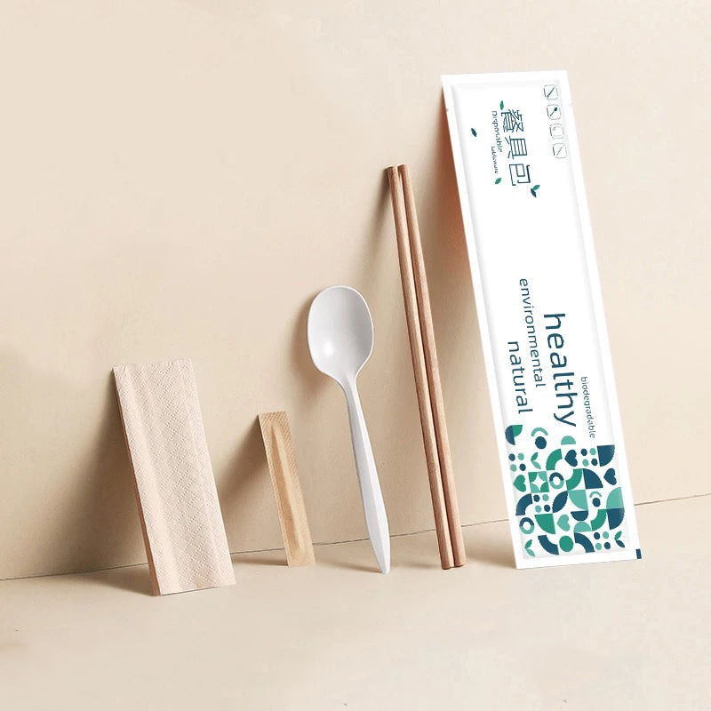 PROMPTU Bamboo Chopsticks Cum frumentum amulum cochlear Tabula Sudarium Cutlery Degradable Paper film Set