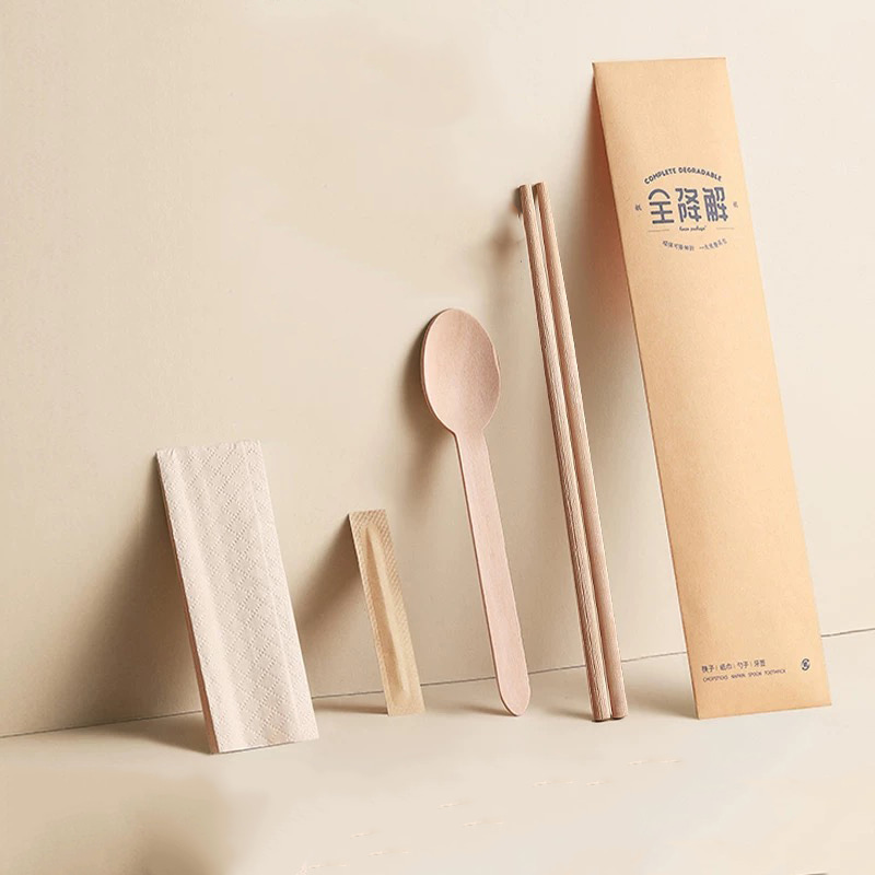 PROMPTU Bamboo Chopsticks 4pcs Pone Cum Biodegradable Cochlear Tabula Sudarium Cutlery Degradable Paper film Set