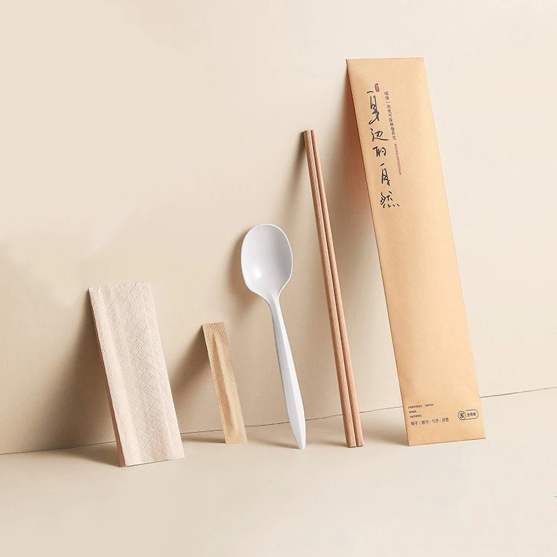 Novum Style PROMPTU Bamboo Chopsticks cum cochleari / Sudarium / Toothpick Degradable charta film Set